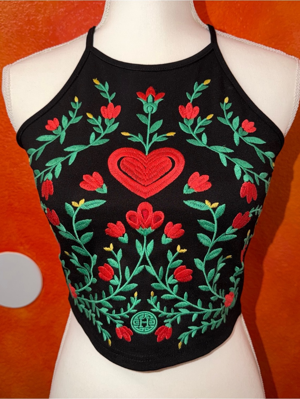 HERENCIA COLLECTION | Embroidered Halter Crop Top with Red & Green Floral Motif